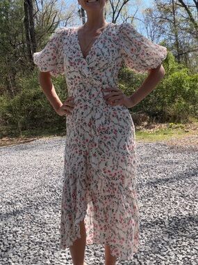 knee length dresses for ladies Brunch Date Mixed Media Floral Tiered Midi Dress - Pink Multi